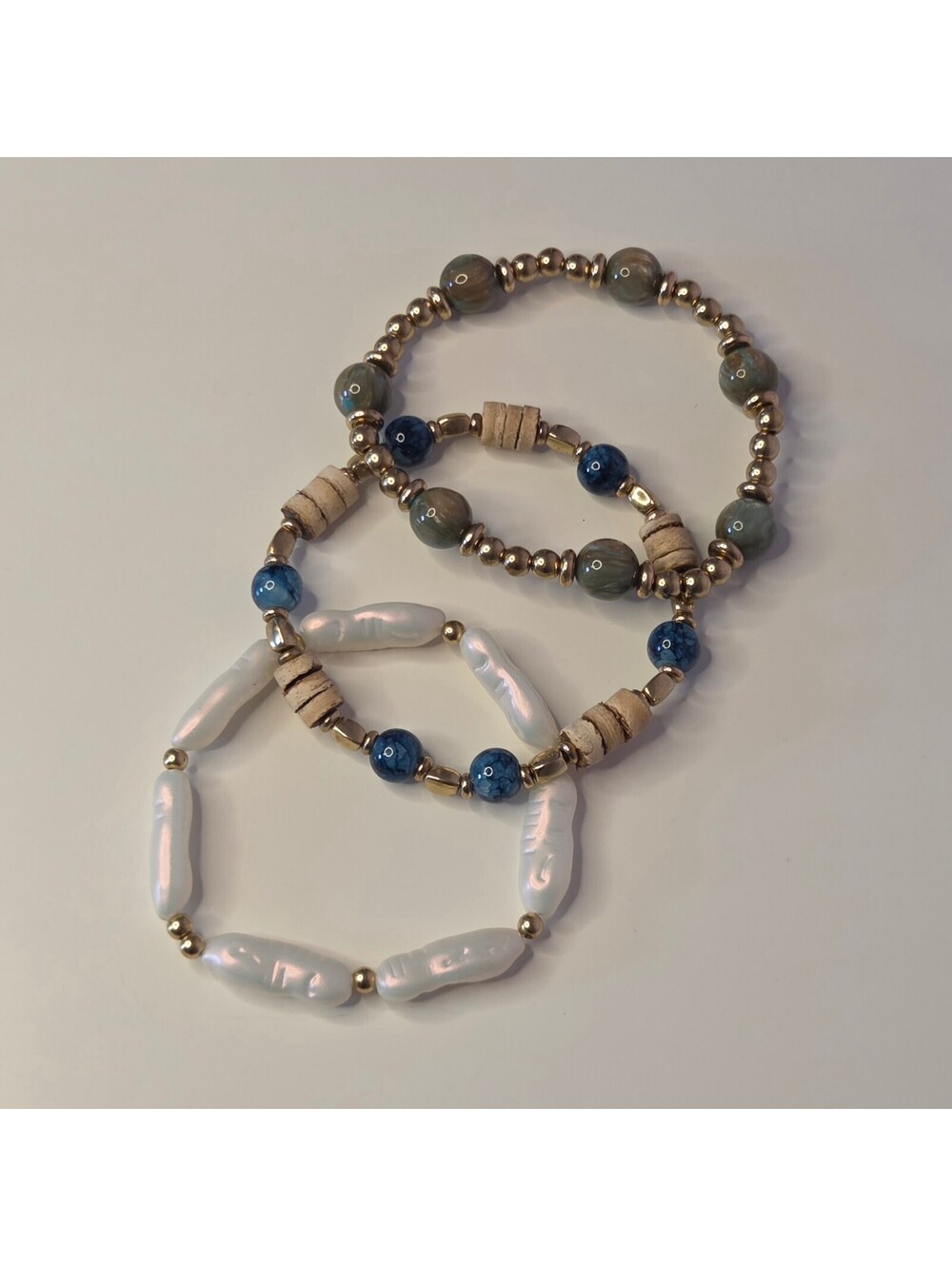 Gold Tone Pearl and Blue Beaded Bracelet Set Boho Beach Coastal